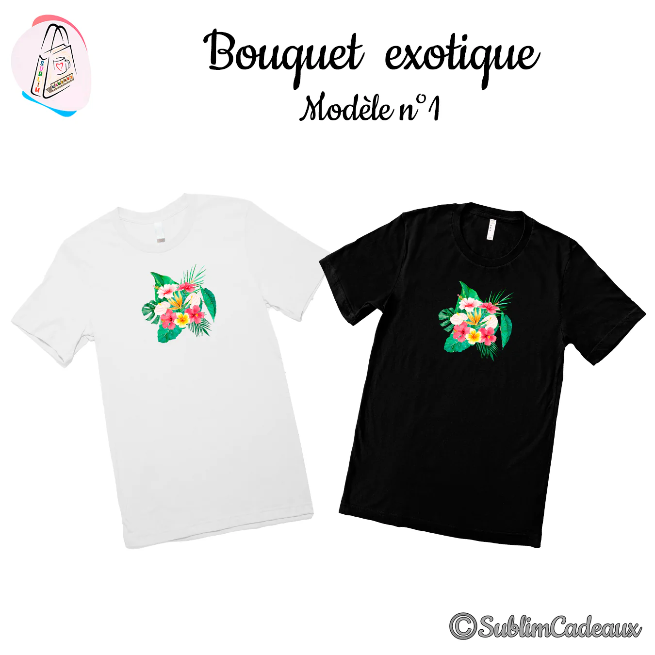 Tee-shirts blanc et noir imprimés d'un bouquet exotique, hibiscus, frangipanier et feuilles de monstera