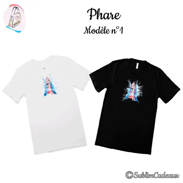 Tee-shirts blanc et noir imprimés d'un phare rayé rouge et blanc sur fond d'éclaboussures bleues aquarelle
