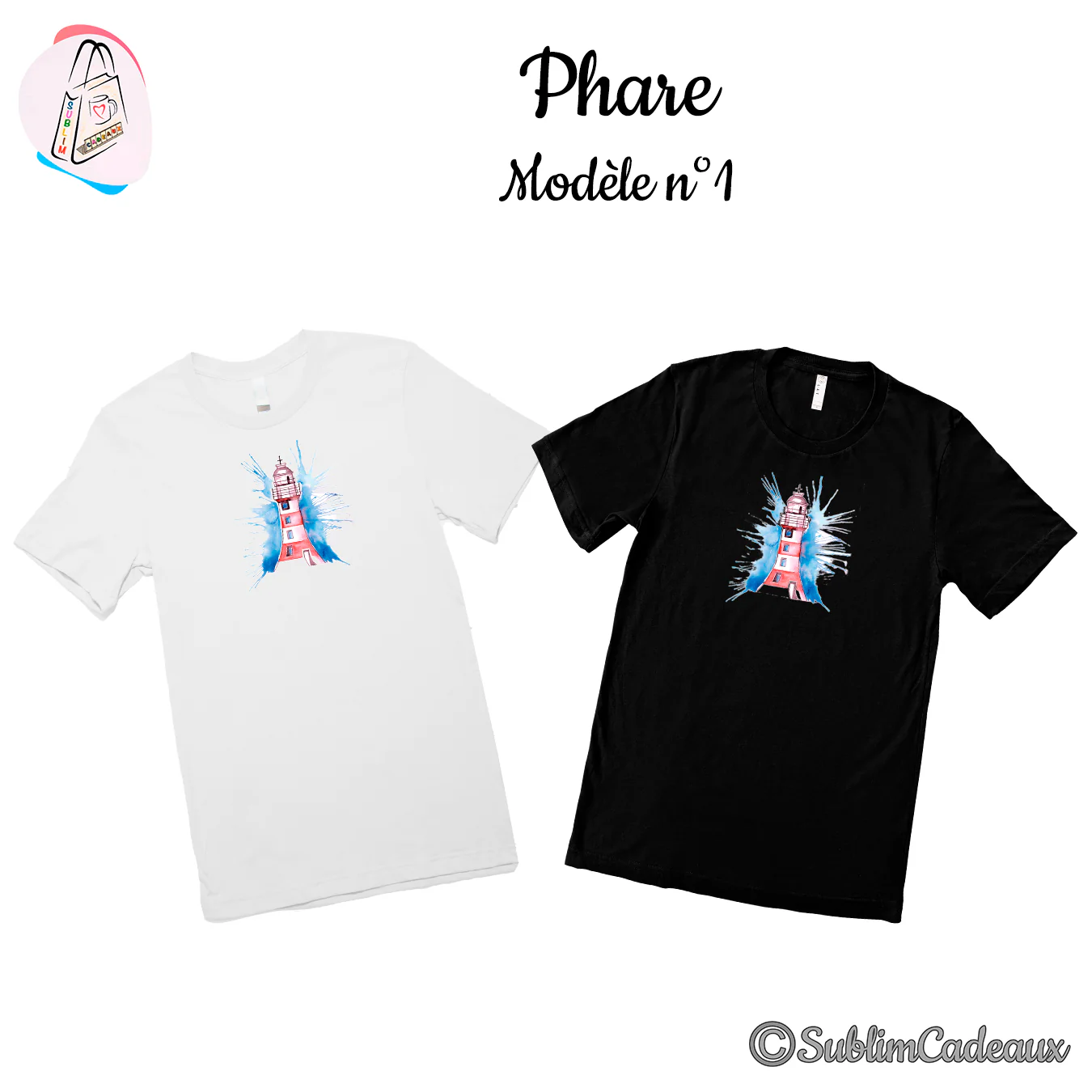 Tee-shirts blanc et noir imprimés d'un phare rayé rouge et blanc sur fond d'éclaboussures bleues aquarelle