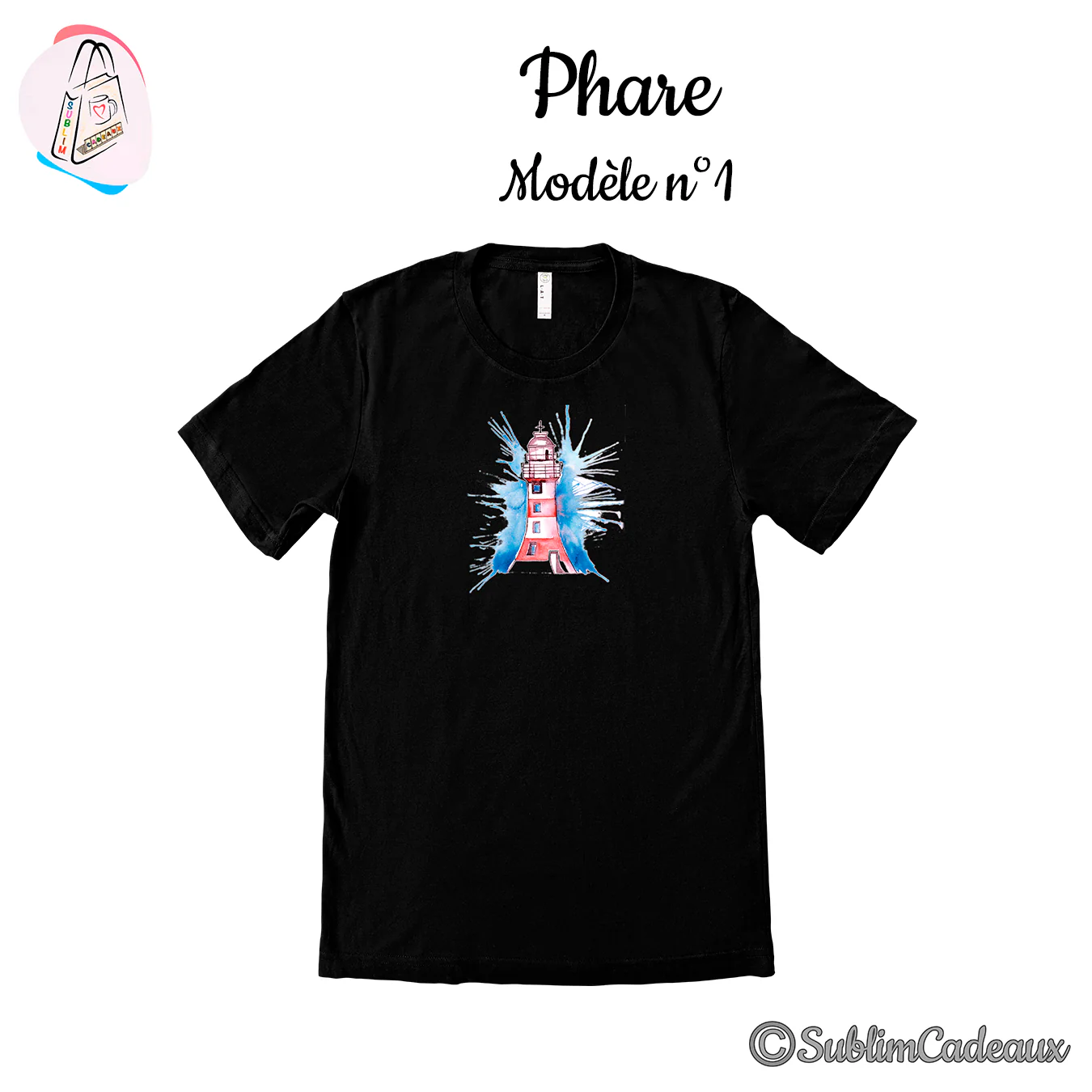 Motif aquarellé d'un phare rose et d'éclats bleus imprimé sur un tee-shirt noir
