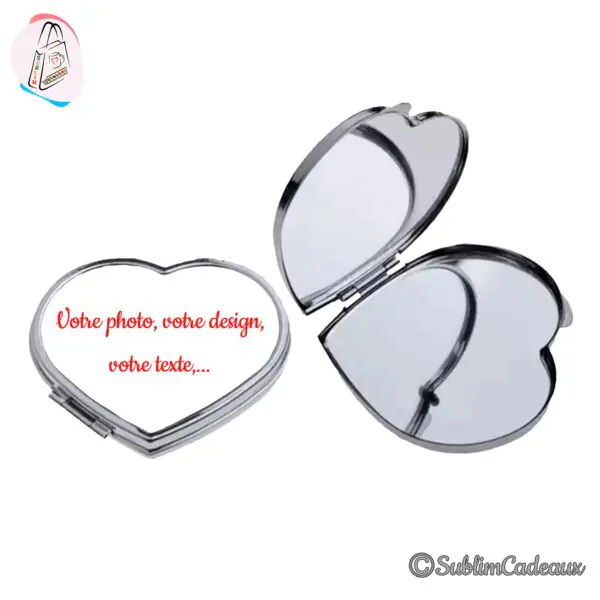 Miroir de poche compact en forme de cœur, boîtier chromé, face à personnaliser avec photo ou texte, présenté ouvert et fermé