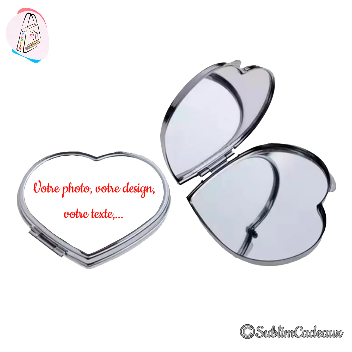 Miroir de poche compact en forme de cœur, boîtier chromé, face à personnaliser avec photo ou texte, présenté ouvert et fermé