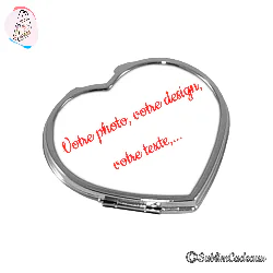 Miroir de poche en forme de cœur en métal chromé, façade à personnaliser avec photo ou texte