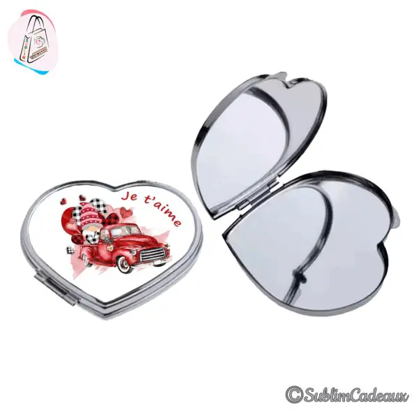 Miroir de poche en forme de coeur, couvercle imprimé d'un pick-up rouge, d'un lutin et de coeurs avec « Je t'aime »