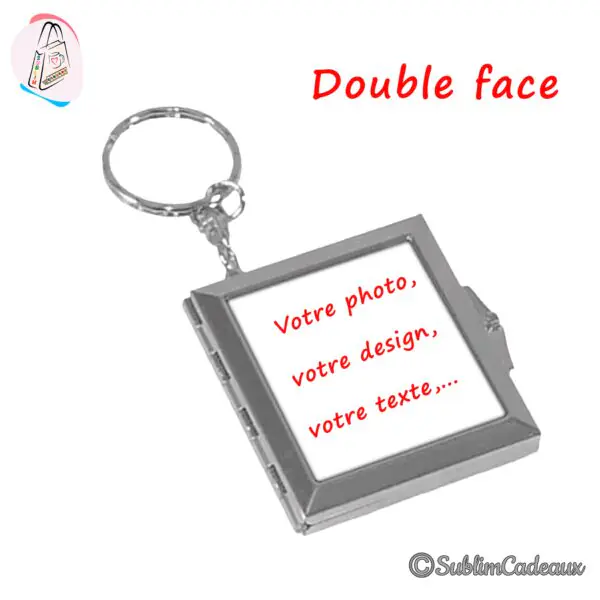 Porte-clés carré en métal argenté à volet ouvrant double face, surface blanche destinée à l'impression
