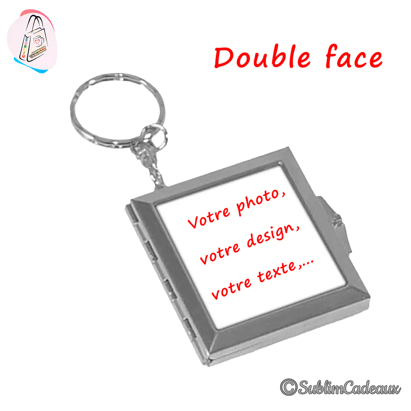 Porte-clés carré en métal argenté à volet ouvrant double face, surface blanche destinée à l'impression