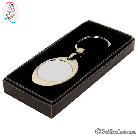 Porte-clés jeton de caddie ovale en métal chromé, pastille photo vierge, présenté en coffret noir