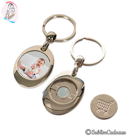Porte-clés jeton de caddie en métal chromé, photo de bébé imprimée et jeton caddie amovible