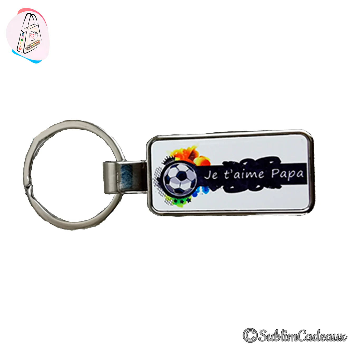 Porte-clés rectangulaire en métal chromé, insert imprimé d'un ballon de foot et du texte « Je t'aime Papa »