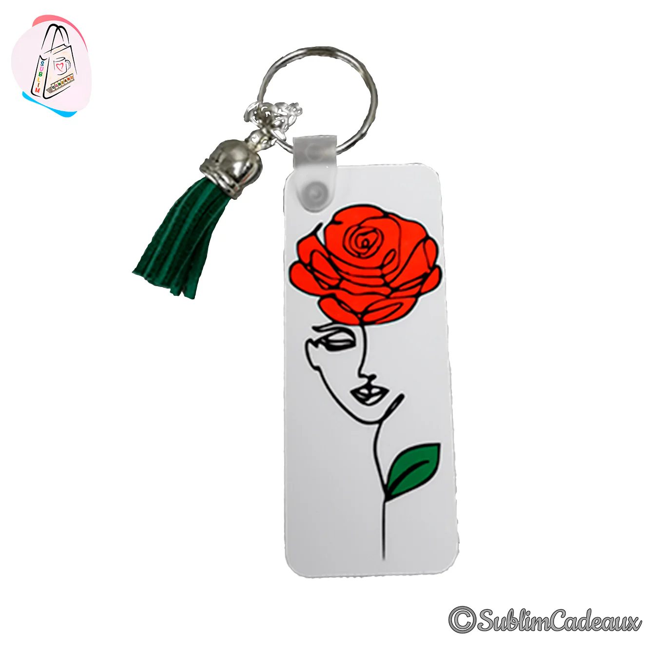 Porte-clés rectangulaire imprimé d'un visage de femme et d'une rose rouge, avec pompon vert foncé