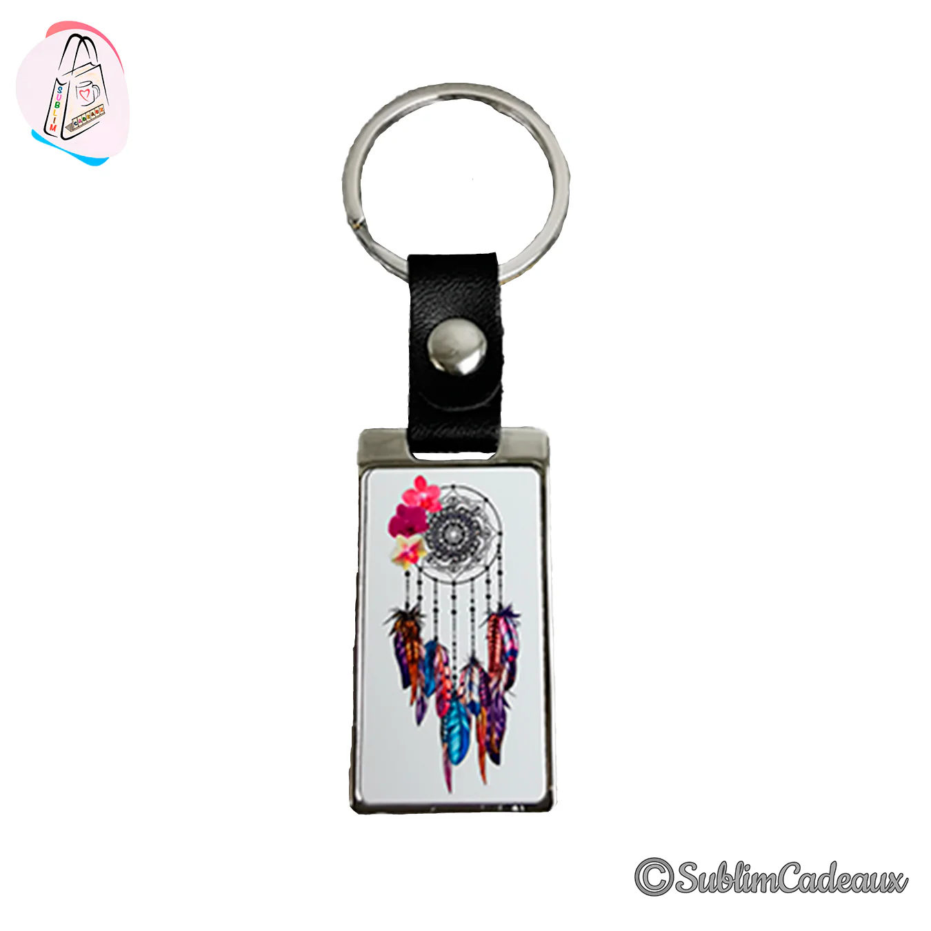 Porte-clés rectangulaire à attache simili cuir noir, motif imprimé d'un attrape-rêves aux plumes colorées