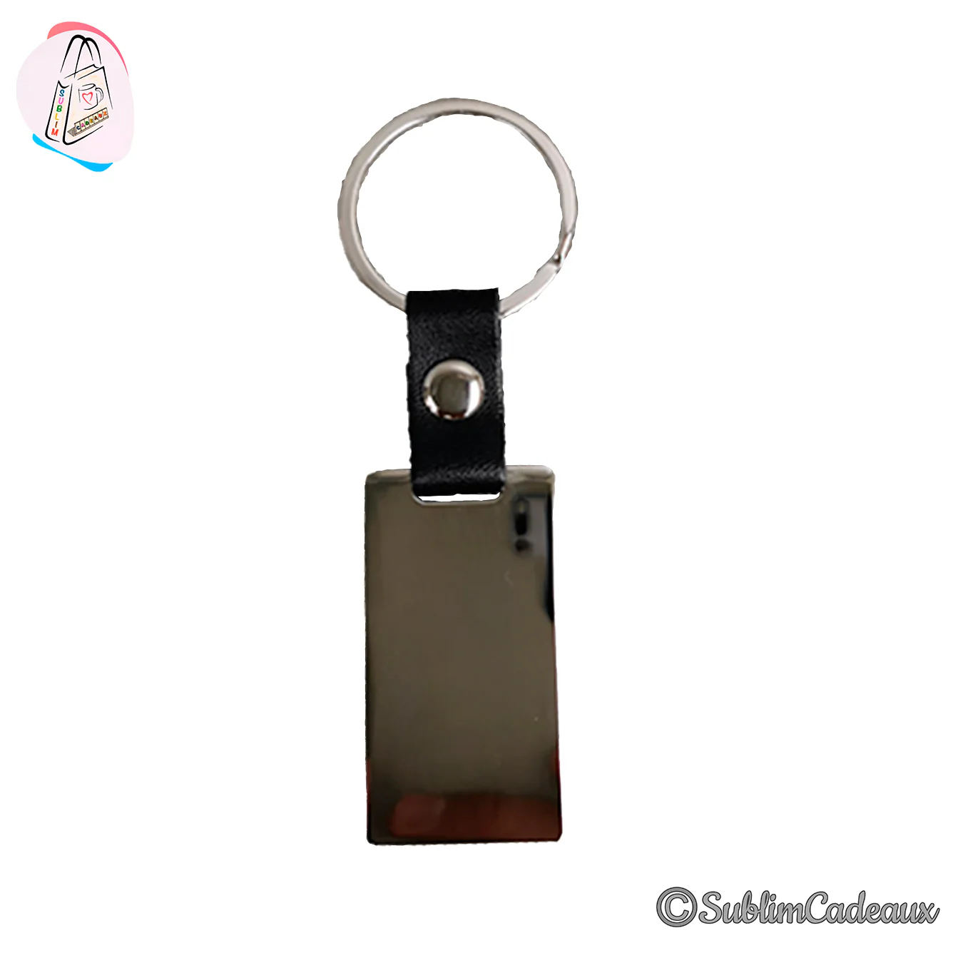 Porte-clés rectangulaire en métal chromé avec attache en simili cuir noir, sans motif