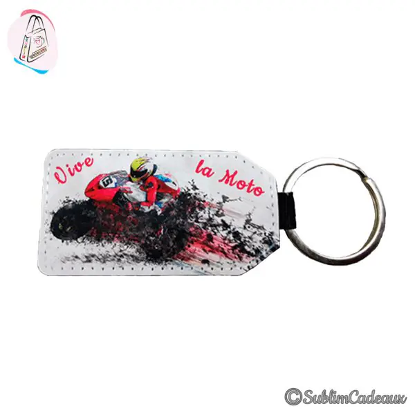 Porte-clés rectangulaire en simili cuir imprimé d'un pilote de moto de course rouge et du texte Vive la Moto