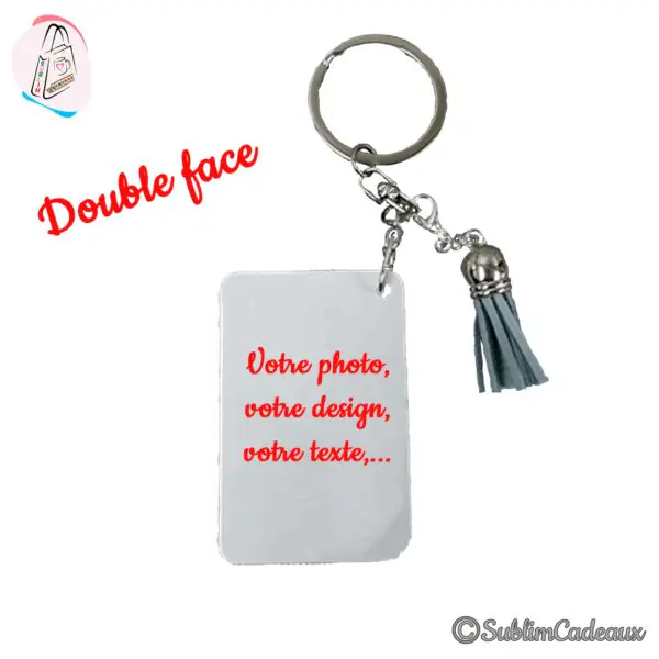 Porte-clés rectangulaire en métal double face avec pompon gris, à personnaliser avec une photo, un design ou un texte