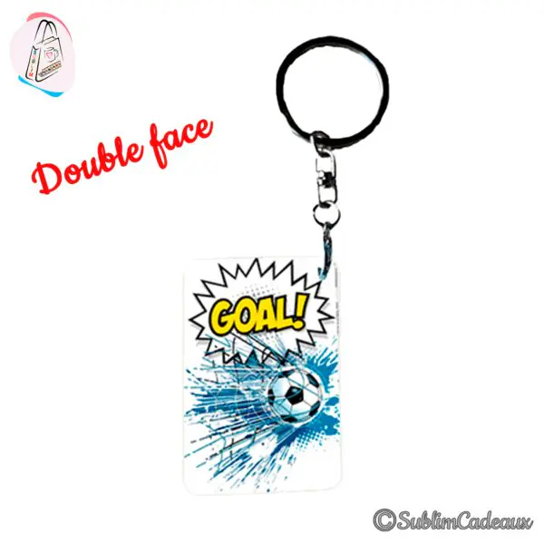 Porte-clés rectangulaire imprimé d'un ballon de foot et du mot GOAL façon bande dessinée, éclaboussures bleues