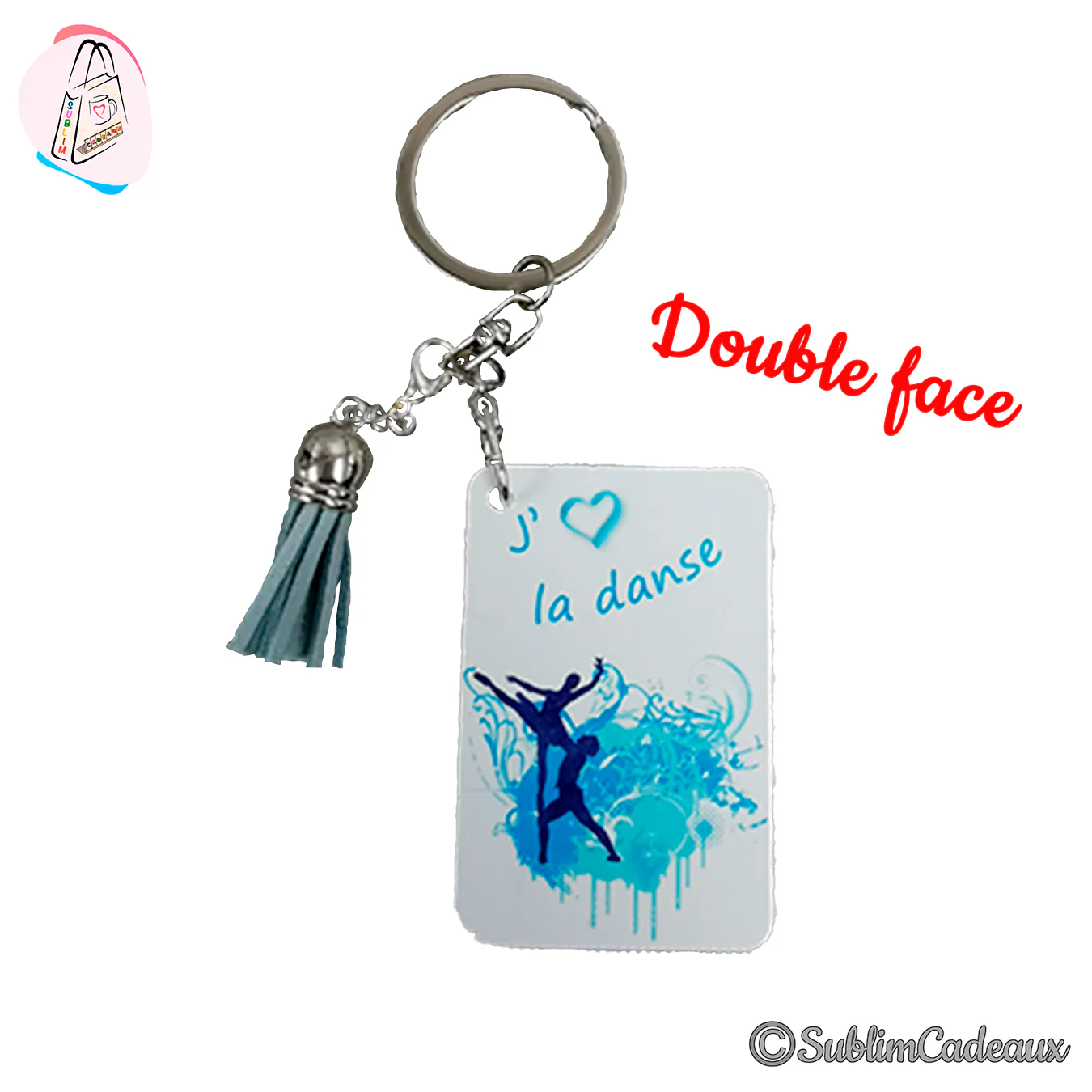Porte-clés rectangulaire imprimé « J'aime la danse » et une silhouette de danseur en tons bleus, pompon gris