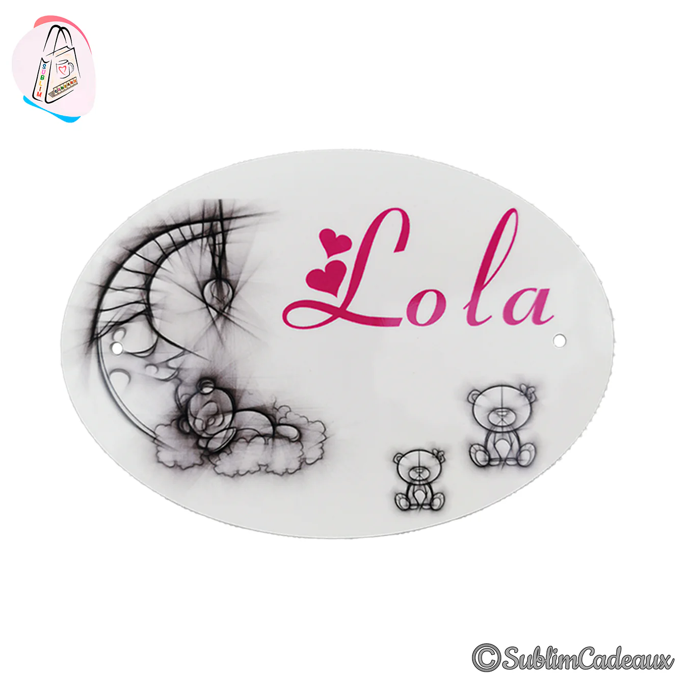 Plaque de porte ovale imprimée « Lola » en rose, avec oursons et croissant de lune en dessin noir