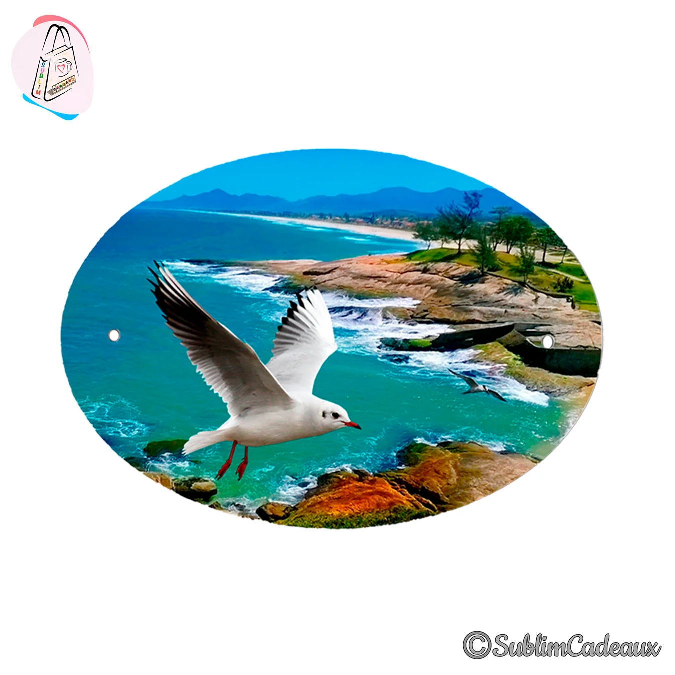Plaque de porte ovale imprimée d'une mouette en vol au-dessus d'une côte rocheuse et d'une mer turquoise