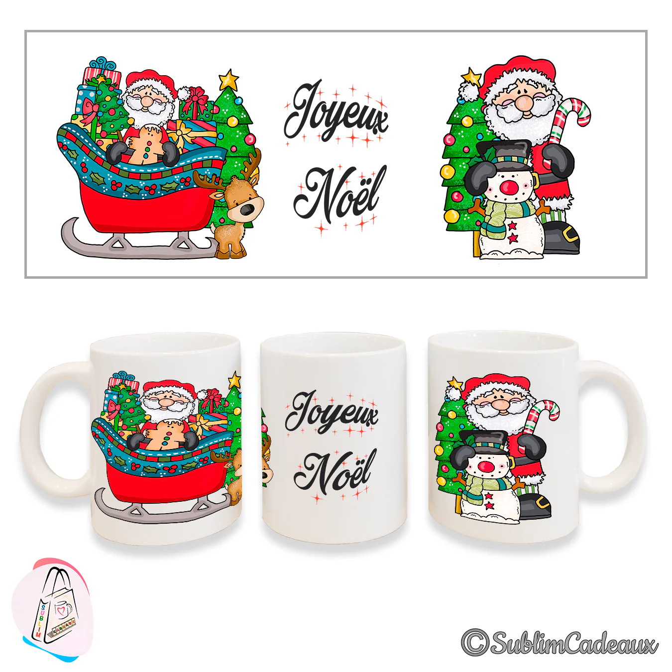 Mug blanc en céramique imprimé de scènes de Noël, Père Noël en traîneau, sapin et bonhomme de neige, texte « Joyeux Noël »
