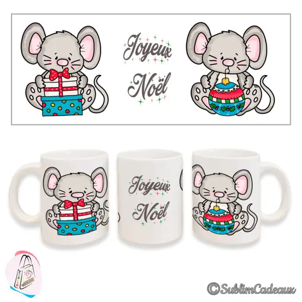 Mug blanc en céramique imprimé de souris grises tenant un cadeau et une boule de Noël, texte « Joyeux Noël »