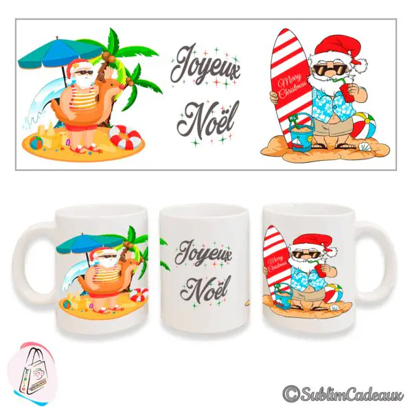 Mug blanc en céramique imprimé Père Noël à la plage sous un parasol et en chemise hawaïenne, texte Joyeux Noël