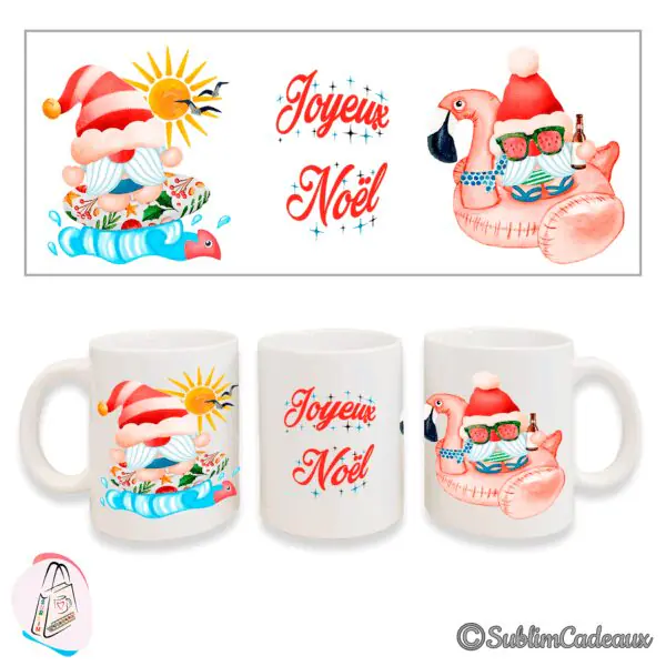 Mug blanc en céramique imprimé lutin en bonnet de Noël au soleil et sur une bouée flamant rose, texte Joyeux Noël