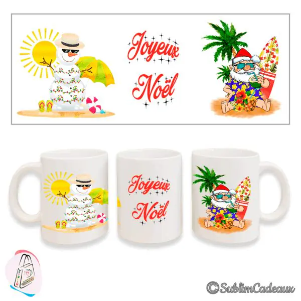 Mug blanc en céramique imprimé bonhomme de neige à chapeau et Père Noël en chemise fleurie buvant une noix de coco