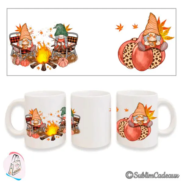 Mug blanc en céramique imprimé lutins d'automne autour d'un feu de camp, citrouilles et feuilles orangées