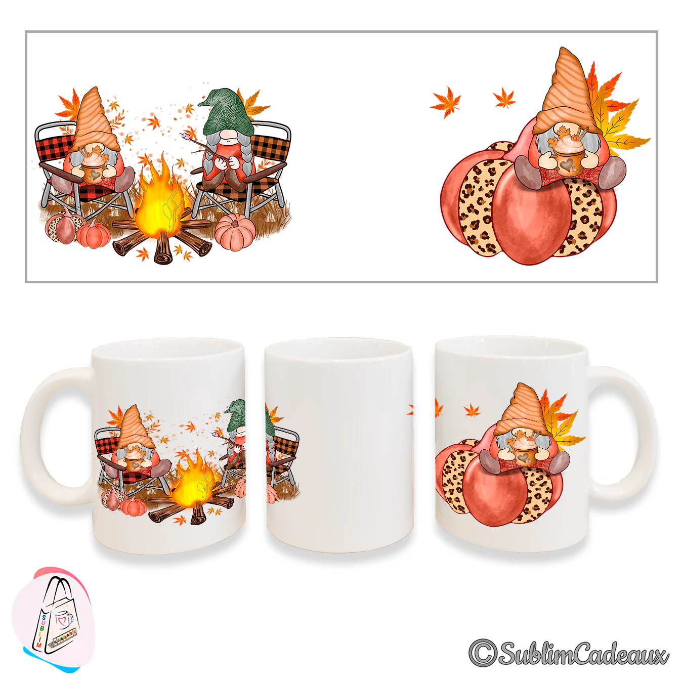 Mug blanc en céramique imprimé lutins d'automne autour d'un feu de camp, citrouilles et feuilles orangées