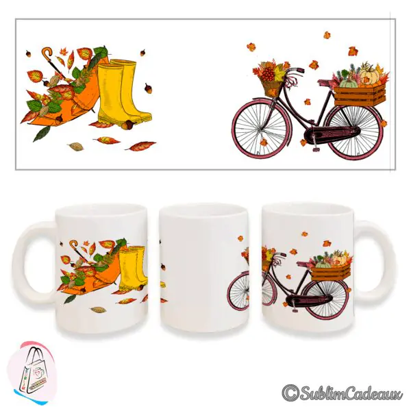 Mug blanc en céramique imprimé décor d'automne : bottes jaunes, parapluie et vélo ancien chargé de citrouilles