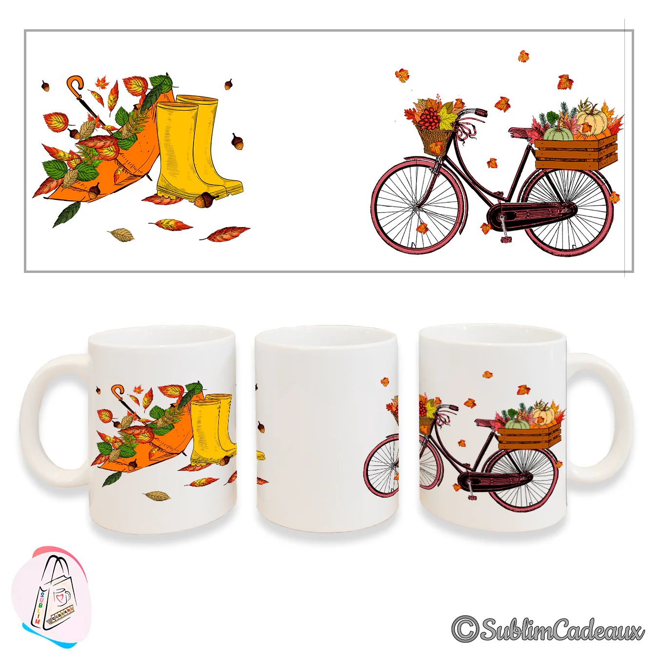 Mug blanc en céramique imprimé décor d'automne : bottes jaunes, parapluie et vélo ancien chargé de citrouilles