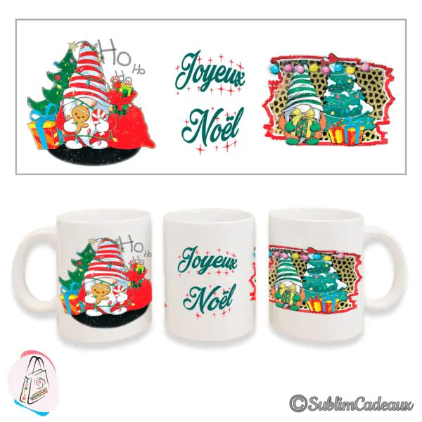 Mug blanc en céramique imprimé lutin de Noël avec pain d'épices, sapin et cadeaux, mentions Ho Ho Ho et Joyeux Noël