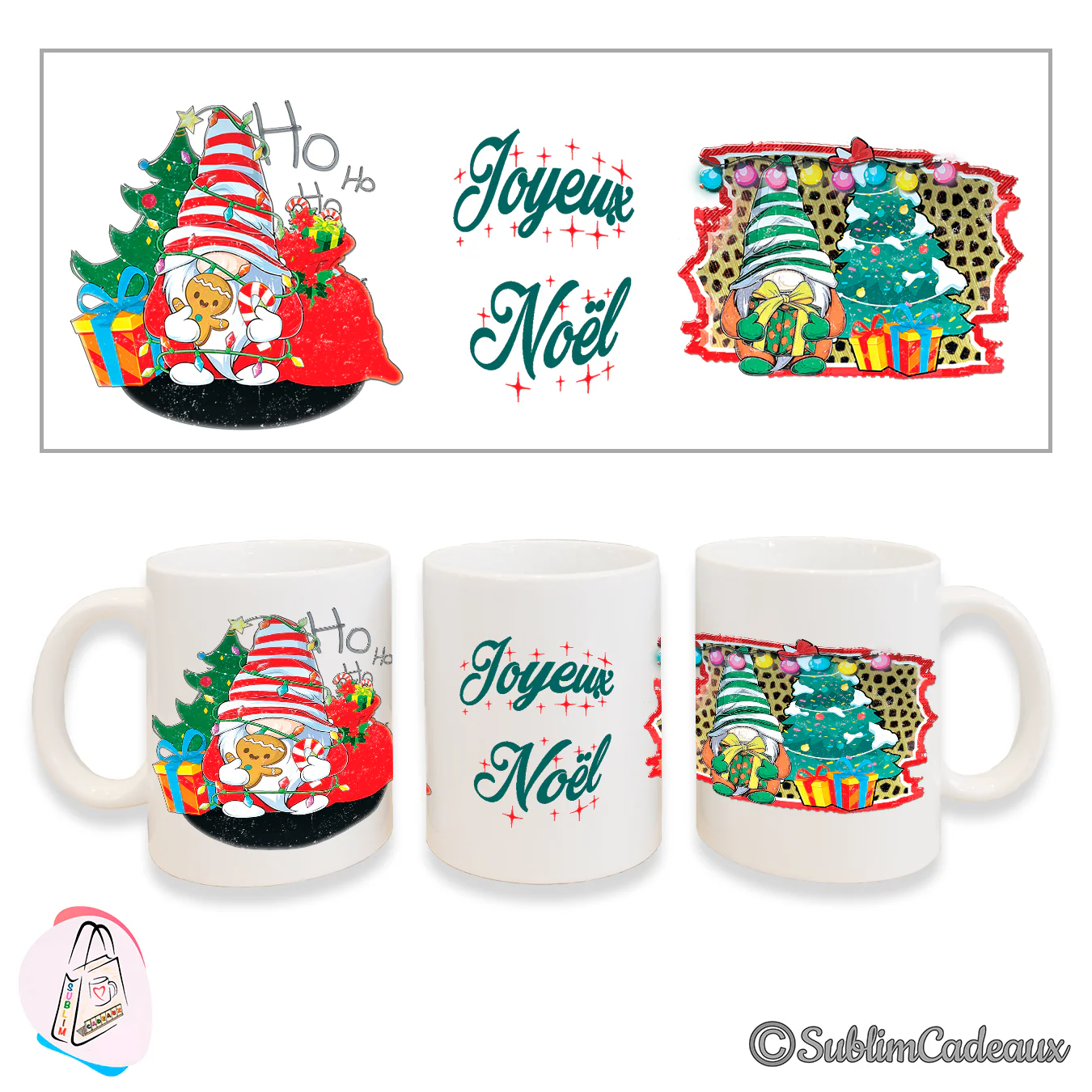 Mug blanc en céramique imprimé lutin de Noël avec pain d'épices, sapin et cadeaux, mentions Ho Ho Ho et Joyeux Noël