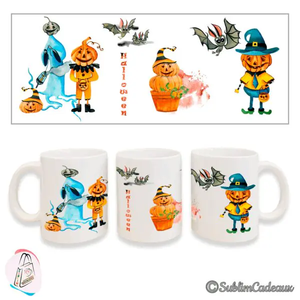 Mug blanc en céramique imprimé scène d'Halloween : fantôme, citrouilles déguisées et chauves-souris, mot Halloween