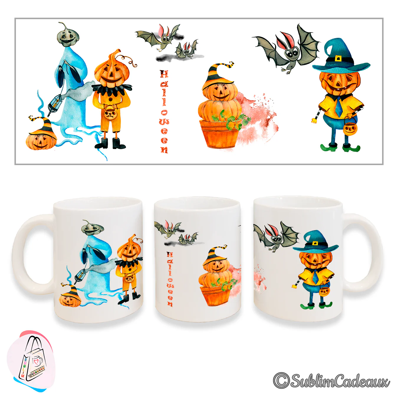 Mug blanc en céramique imprimé scène d'Halloween : fantôme, citrouilles déguisées et chauves-souris, mot Halloween