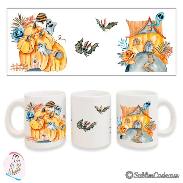 Mug blanc en céramique imprimé aquarelle d'Halloween : citrouilles orange, fantômes et maison-citrouille sur une colline