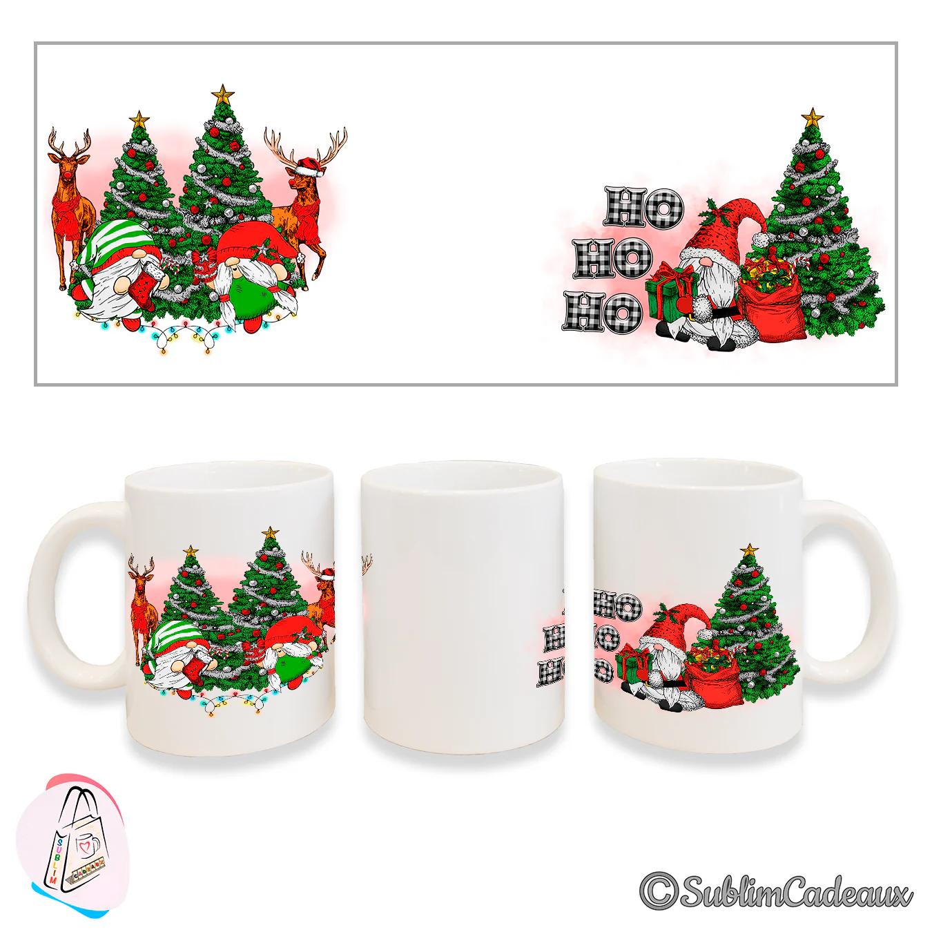 Mug blanc en céramique imprimé lutins de Noël devant des sapins décorés avec rennes et mention Ho Ho Ho à carreaux