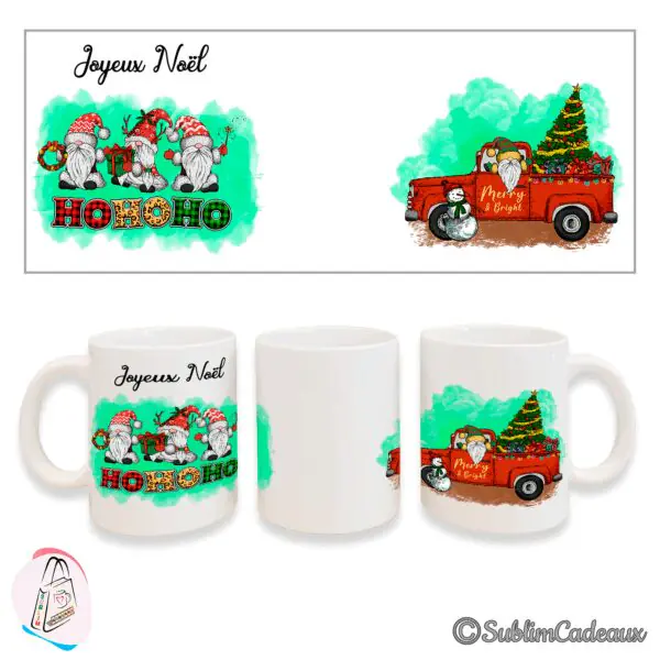 Mug blanc en céramique imprimé trois lutins de Noël, texte Ho Ho Ho et pick-up rouge chargé d'un sapin, Joyeux Noël
