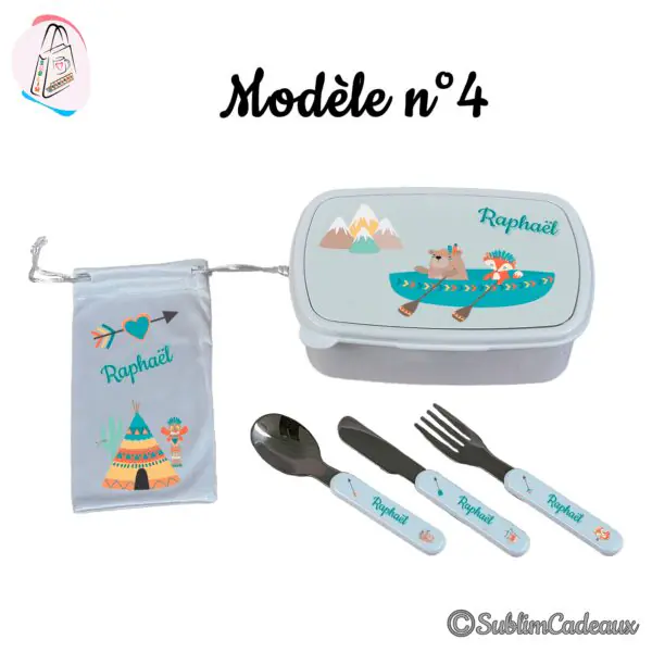 Coffret repas enfant : boîte, pochette et couverts imprimés d'un ours et d'un renard en pirogue, montagnes et tipi
