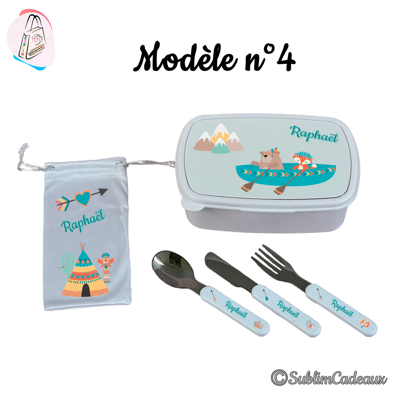 Coffret repas enfant : boîte, pochette et couverts imprimés d'un ours et d'un renard en pirogue, montagnes et tipi