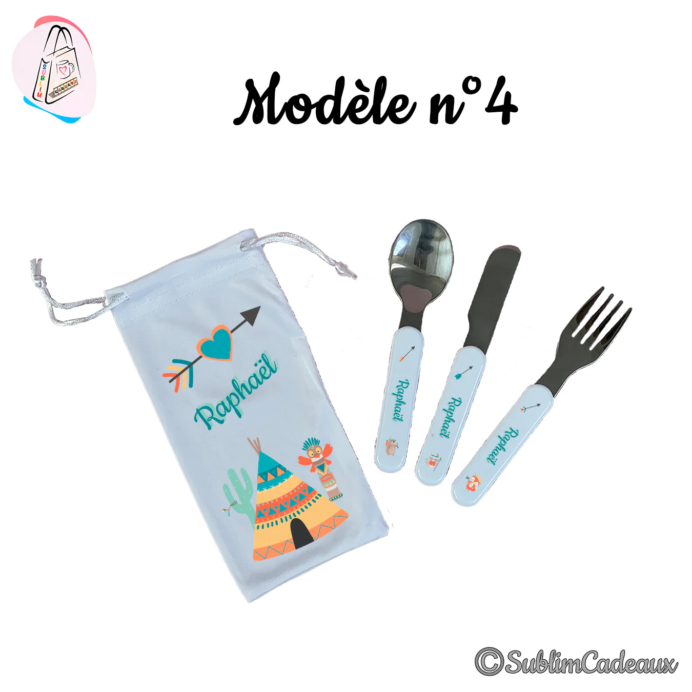 Couverts enfant en inox et pochette assortie, motif tipi, cactus et flèche sur le thème des indiens
