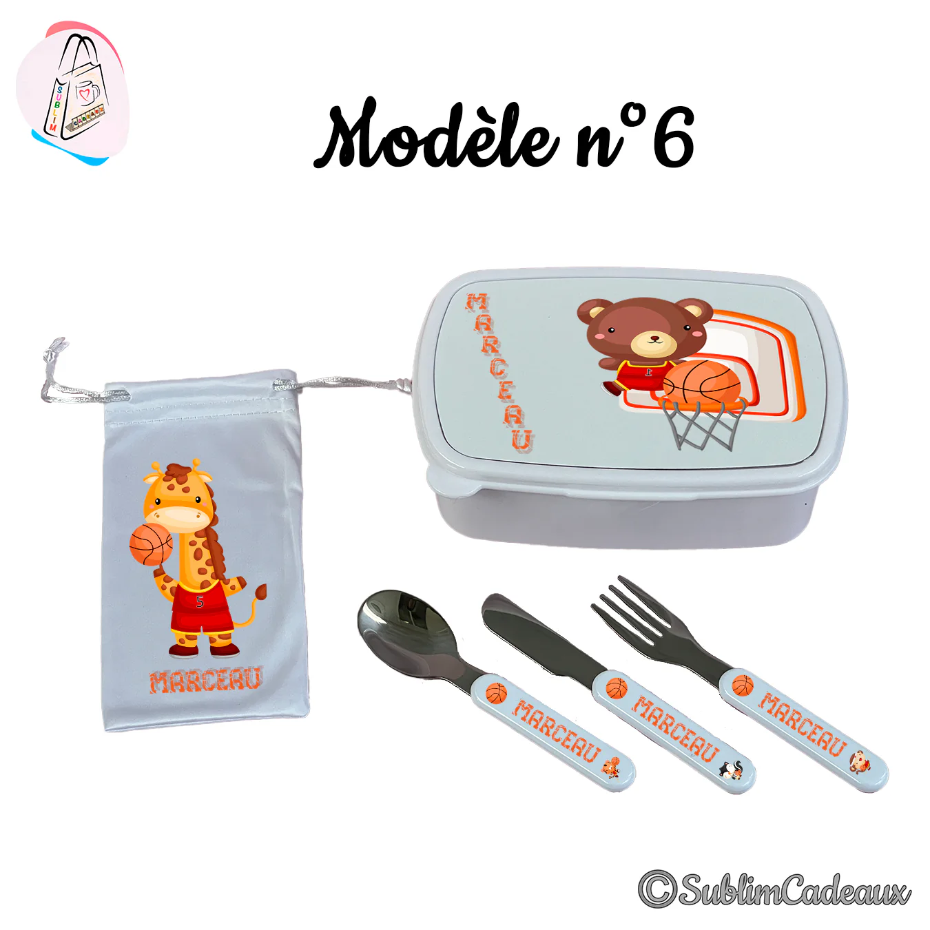 Coffret repas enfant : boîte, pochette et couverts imprimés d'un ours et d'une girafe basketteurs avec panier et ballon