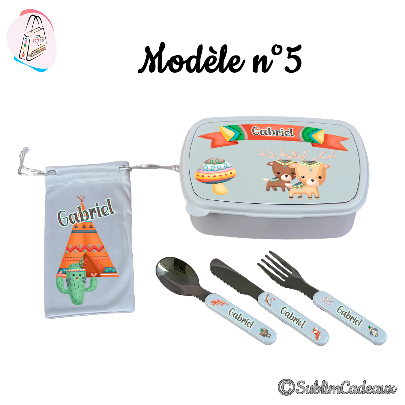 Coffret repas enfant : boîte, pochette et couverts imprimés de faons déguisés en Indiens avec tipi et cactus