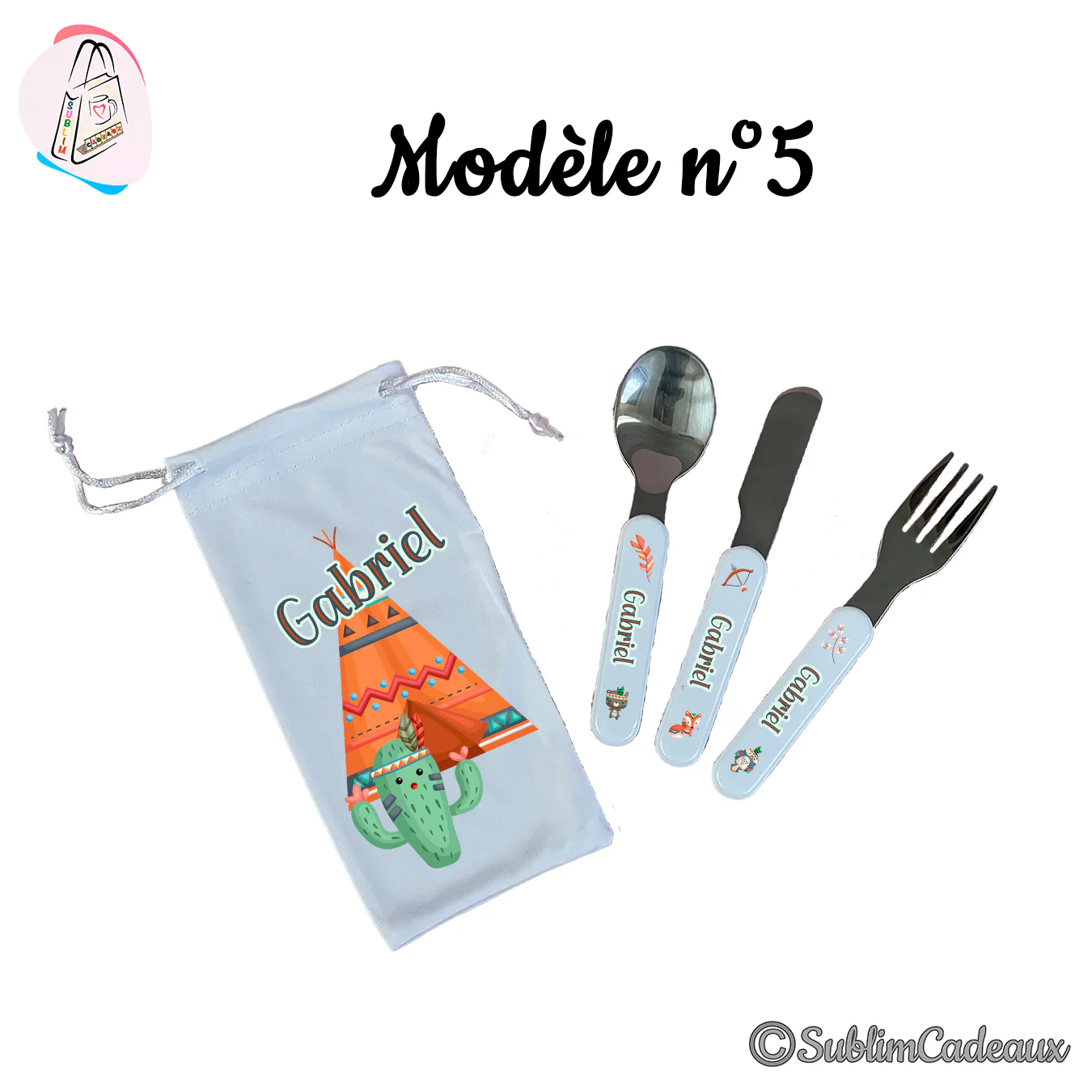 Couverts enfant en inox et pochette assortie, imprimés d'un tipi orange et d'un cactus souriant