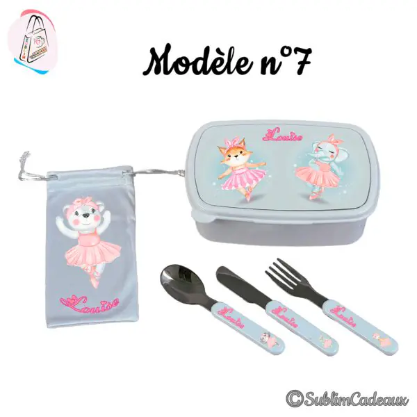 Coffret repas enfant : boîte, pochette et couverts imprimés d'animaux danseurs en tutu rose, renard, éléphant et ourse