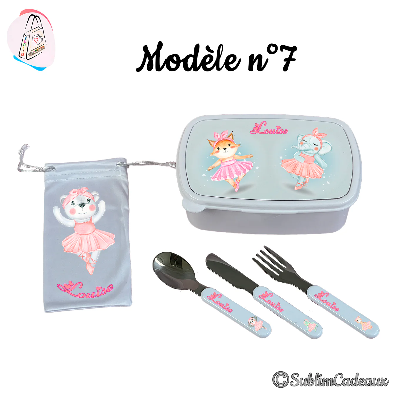 Coffret repas enfant : boîte, pochette et couverts imprimés d'animaux danseurs en tutu rose, renard, éléphant et ourse