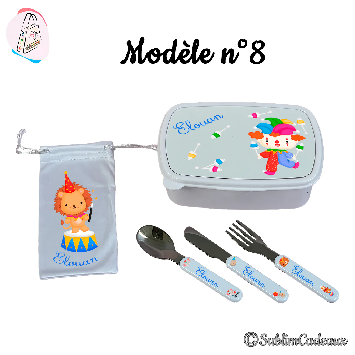 Coffret repas enfant : boîte, pochette et couverts imprimés d'un clown jongleur et d'un lion de cirque, couleurs vives