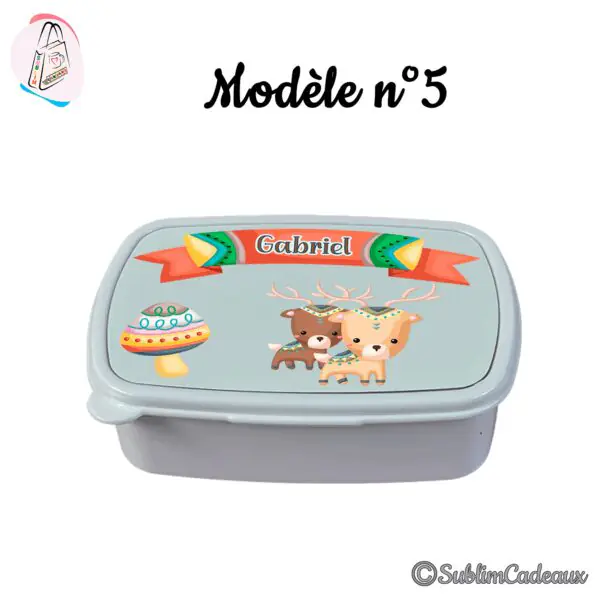 Boîte à goûter grise imprimée de deux faons aux motifs colorés, d'un champignon décoré et d'un bandeau orange
