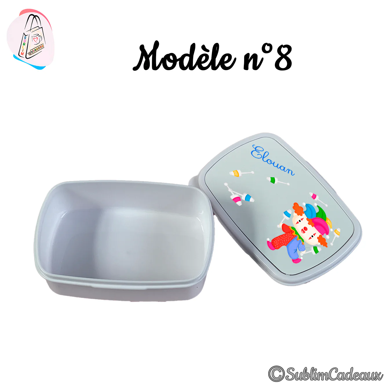 Boîte à goûter enfant, couvercle imprimé d'un clown jonglant avec des quilles multicolores