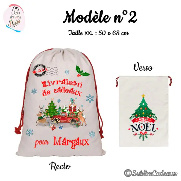 Hotte de Noël en toile beige à cordon rouge, imprimée d'un pick-up rouge chargé de sapin et de cadeaux, sapin au verso